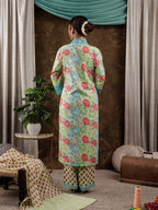 Yufta Green Floral Print Pure Cotton Beads Straight Kurta Dupatta Set With Lace Detailing | Grocsy