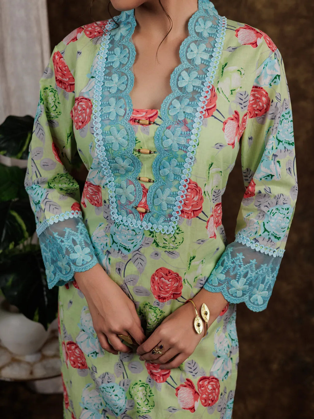 Yufta Green Floral Print Pure Cotton Beads Straight Kurta Dupatta Set With Lace Detailing | Grocsy