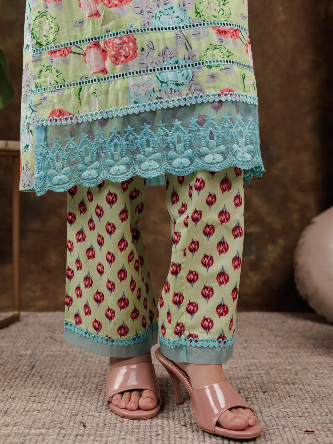 Yufta Green Floral Print Pure Cotton Beads Straight Kurta Dupatta Set With Lace Detailing | Grocsy