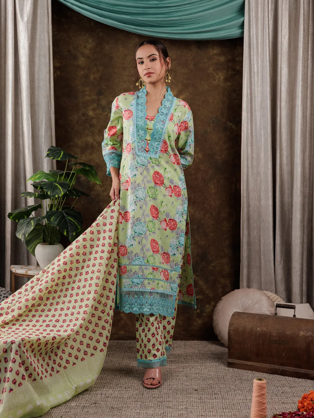 Yufta Green Floral Print Pure Cotton Beads Straight Kurta Dupatta Set With Lace Detailing | Grocsy