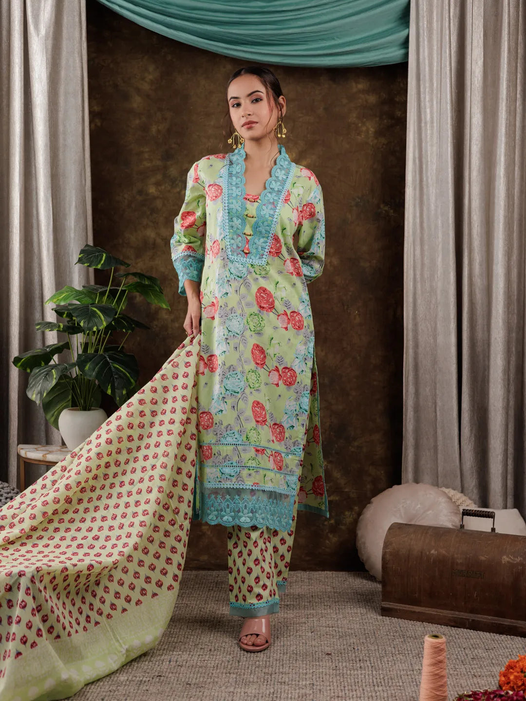 Yufta Green Floral Print Pure Cotton Beads Straight Kurta Dupatta Set With Lace Detailing | Grocsy