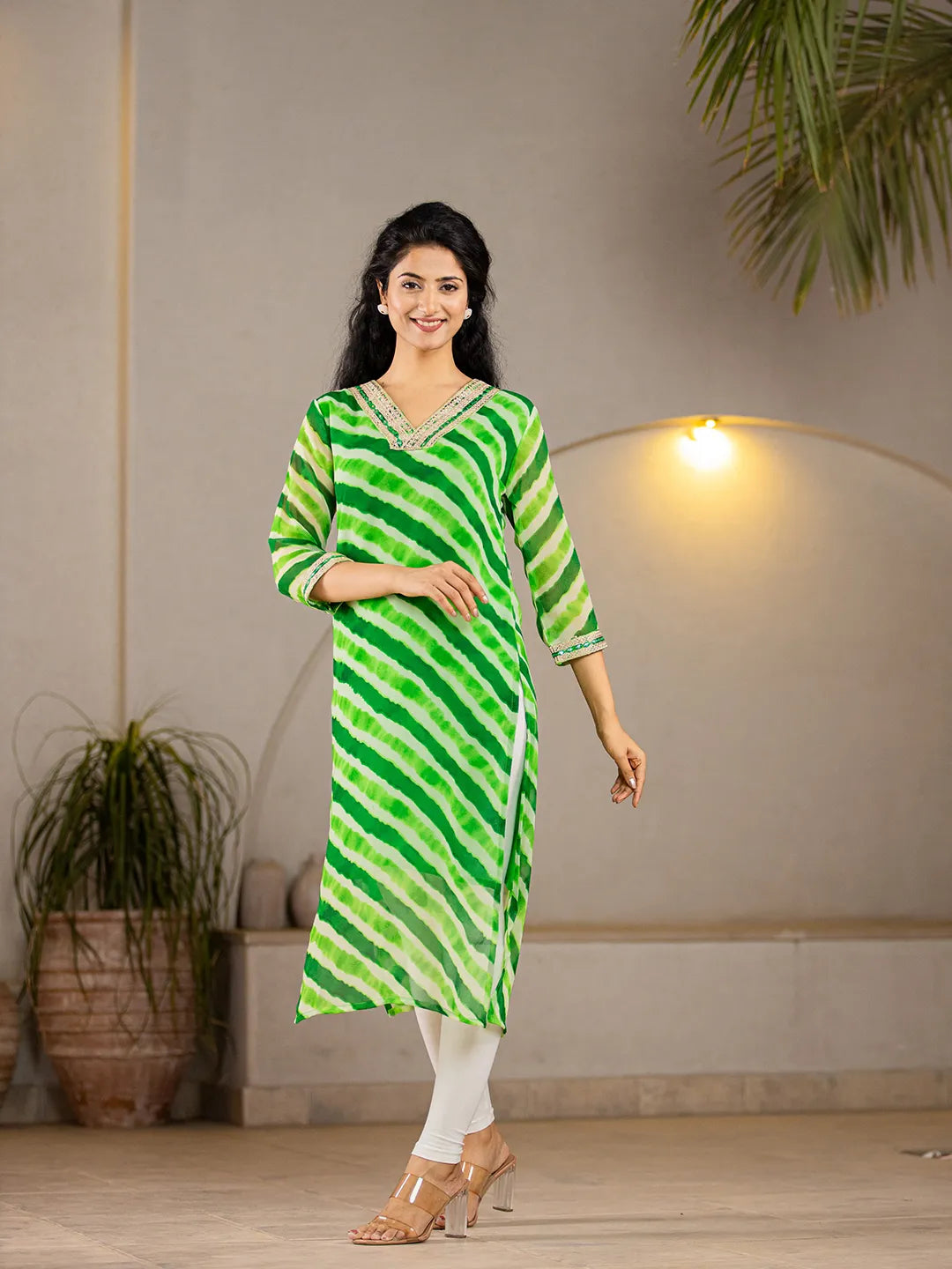 Yufta Green Georgette Lehriya Kurta | Grocsy