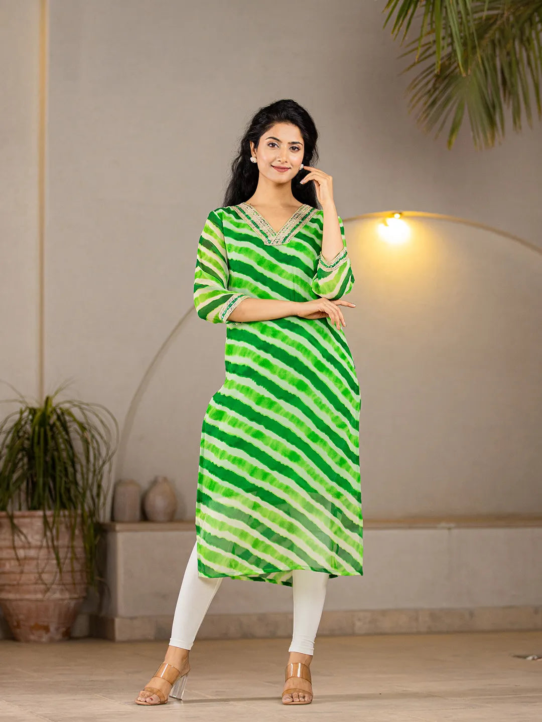 Yufta Green Georgette Lehriya Kurta | Grocsy
