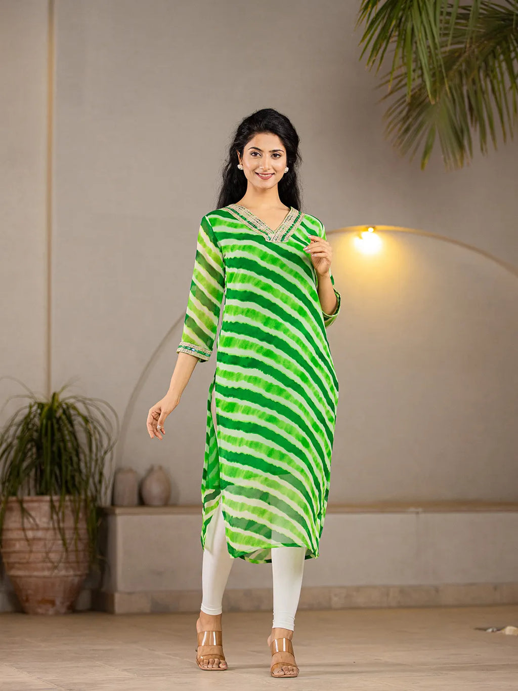 Yufta Green Georgette Lehriya Kurta | Grocsy