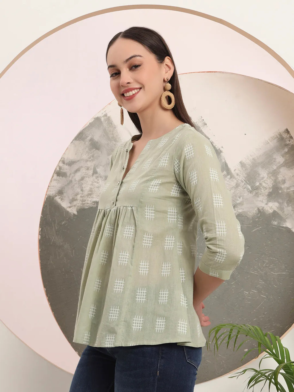 Yufta Green Handloom Cotton Gathered Or Pleated Top | Grocsy