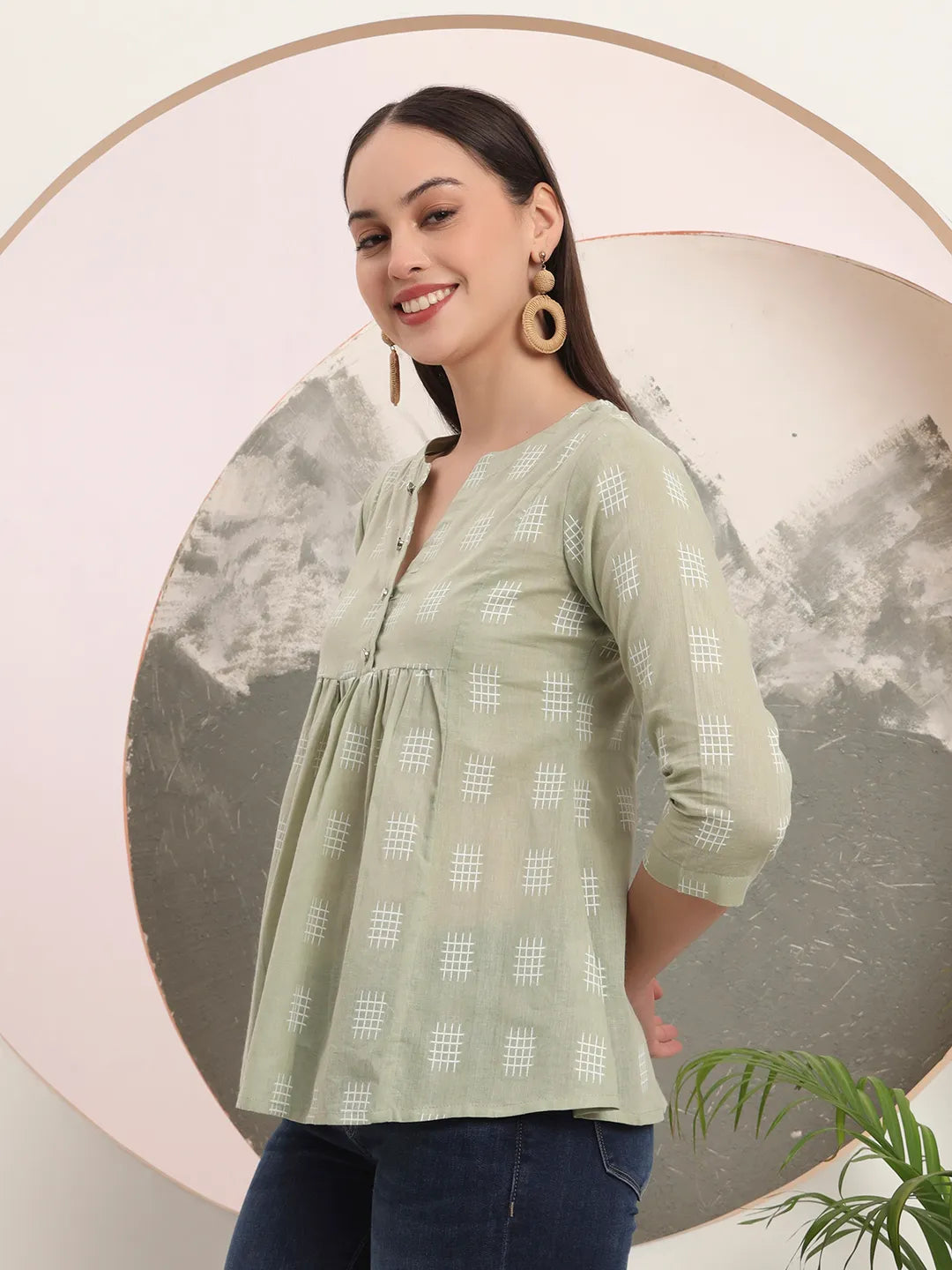 Yufta Green Handloom Cotton Gathered Or Pleated Top | Grocsy
