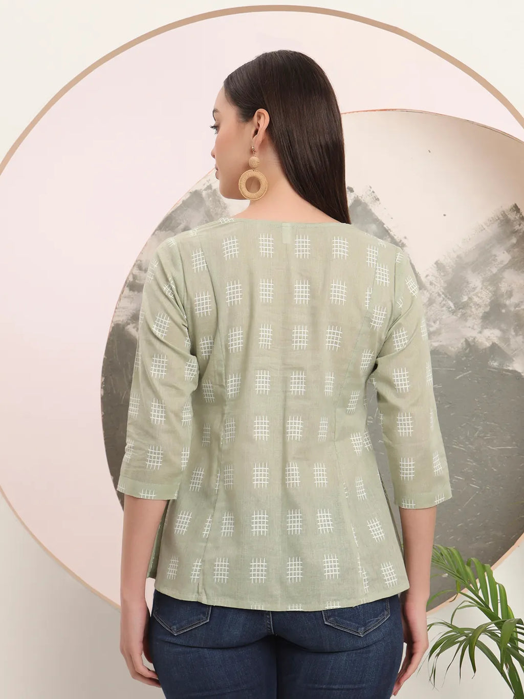 Yufta Green Handloom Cotton Gathered Or Pleated Top | Grocsy