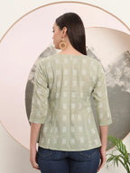 Yufta Green Handloom Cotton Gathered Or Pleated Top | Grocsy