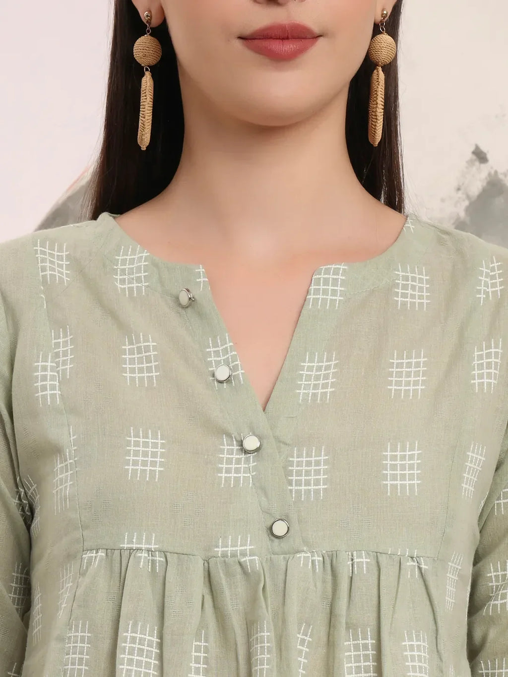 Yufta Green Handloom Cotton Gathered Or Pleated Top | Grocsy