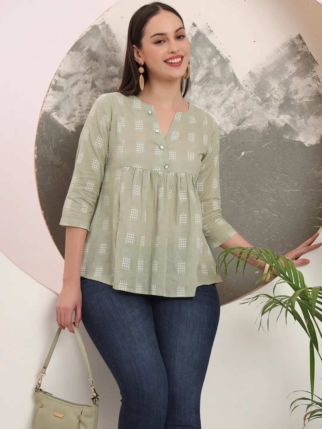Yufta Green Handloom Cotton Gathered Or Pleated Top | Grocsy