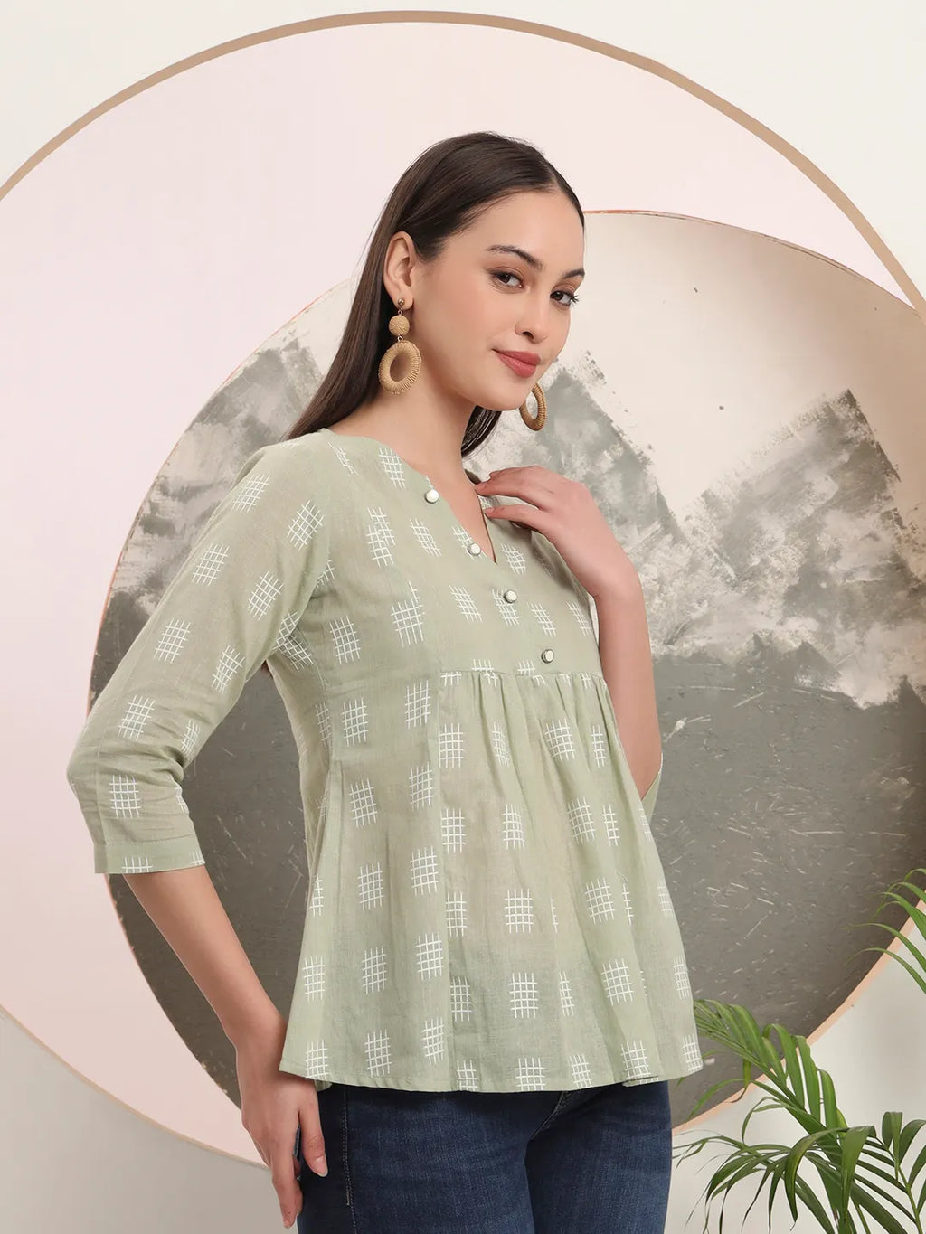 Yufta Green Handloom Cotton Gathered Or Pleated Top | Grocsy