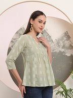 Yufta Green Handloom Cotton Gathered Or Pleated Top | Grocsy