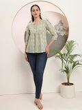 Yufta Green Handloom Cotton Gathered Or Pleated Top | Grocsy
