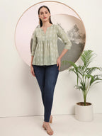 Yufta Green Handloom Cotton Gathered Or Pleated Top | Grocsy