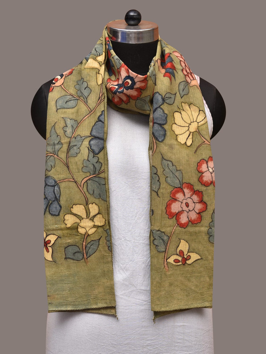 Green Kalamkari Hand Painted Cotton Stole with Floral Design - Global Threads | Grocsy