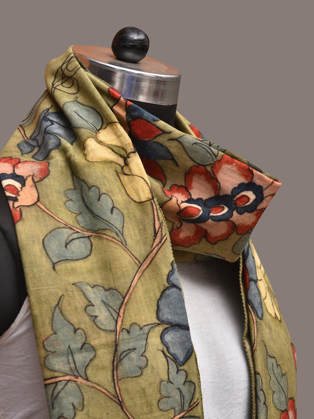 Green Kalamkari Hand Painted Cotton Stole with Floral Design - Global Threads | Grocsy