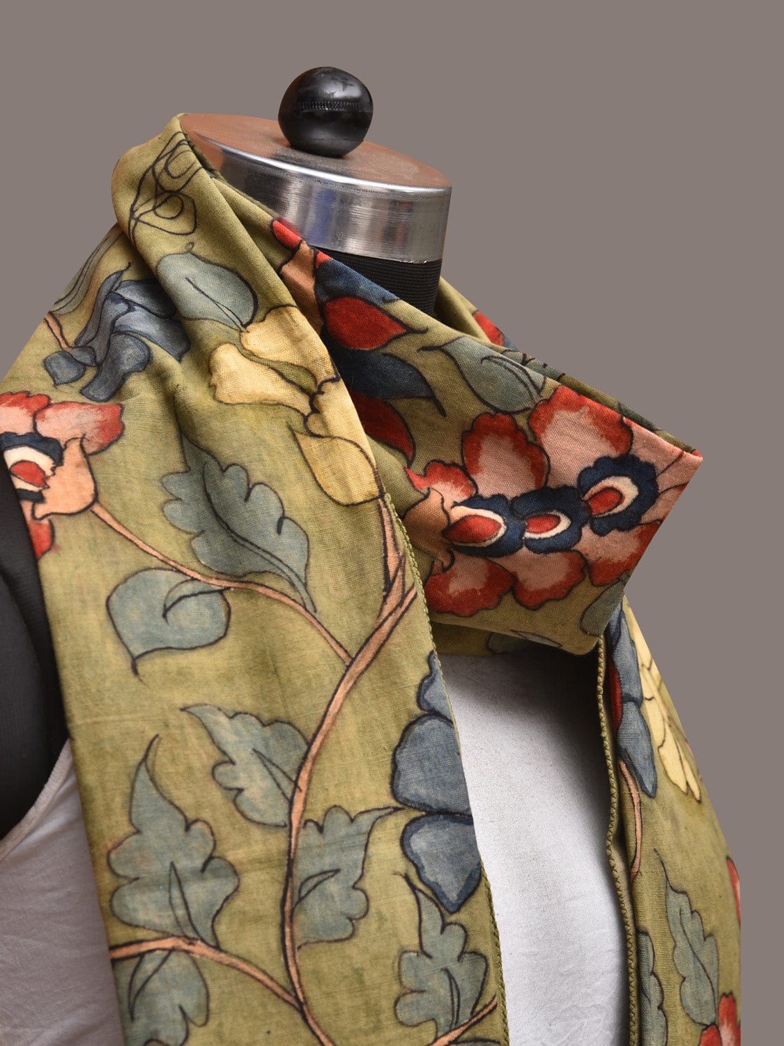 Green Kalamkari Hand Painted Cotton Stole with Floral Design - Global Threads | Grocsy