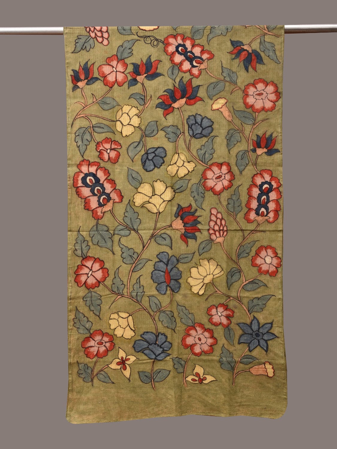 Green Kalamkari Hand Painted Cotton Stole with Floral Design - Global Threads | Grocsy