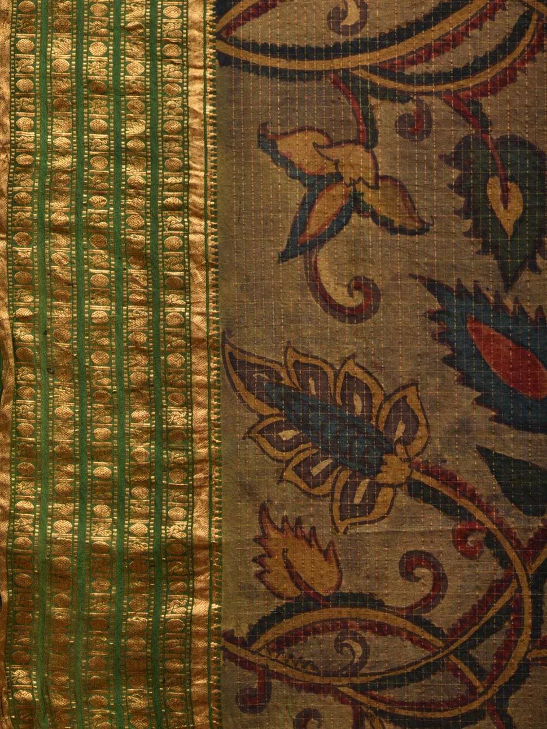 Green Kalamkari Hand Painted Gadwal Silk Handloom Saree with Floral Design - Global Threads | Grocsy