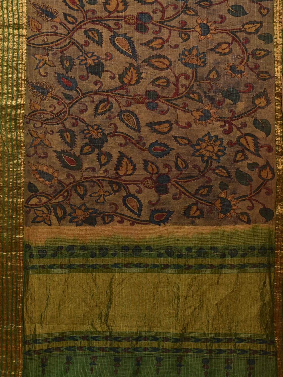 Green Kalamkari Hand Painted Gadwal Silk Handloom Saree with Floral Design - Global Threads | Grocsy