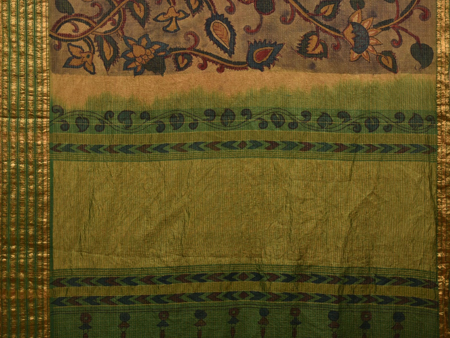 Green Kalamkari Hand Painted Gadwal Silk Handloom Saree with Floral Design - Global Threads | Grocsy