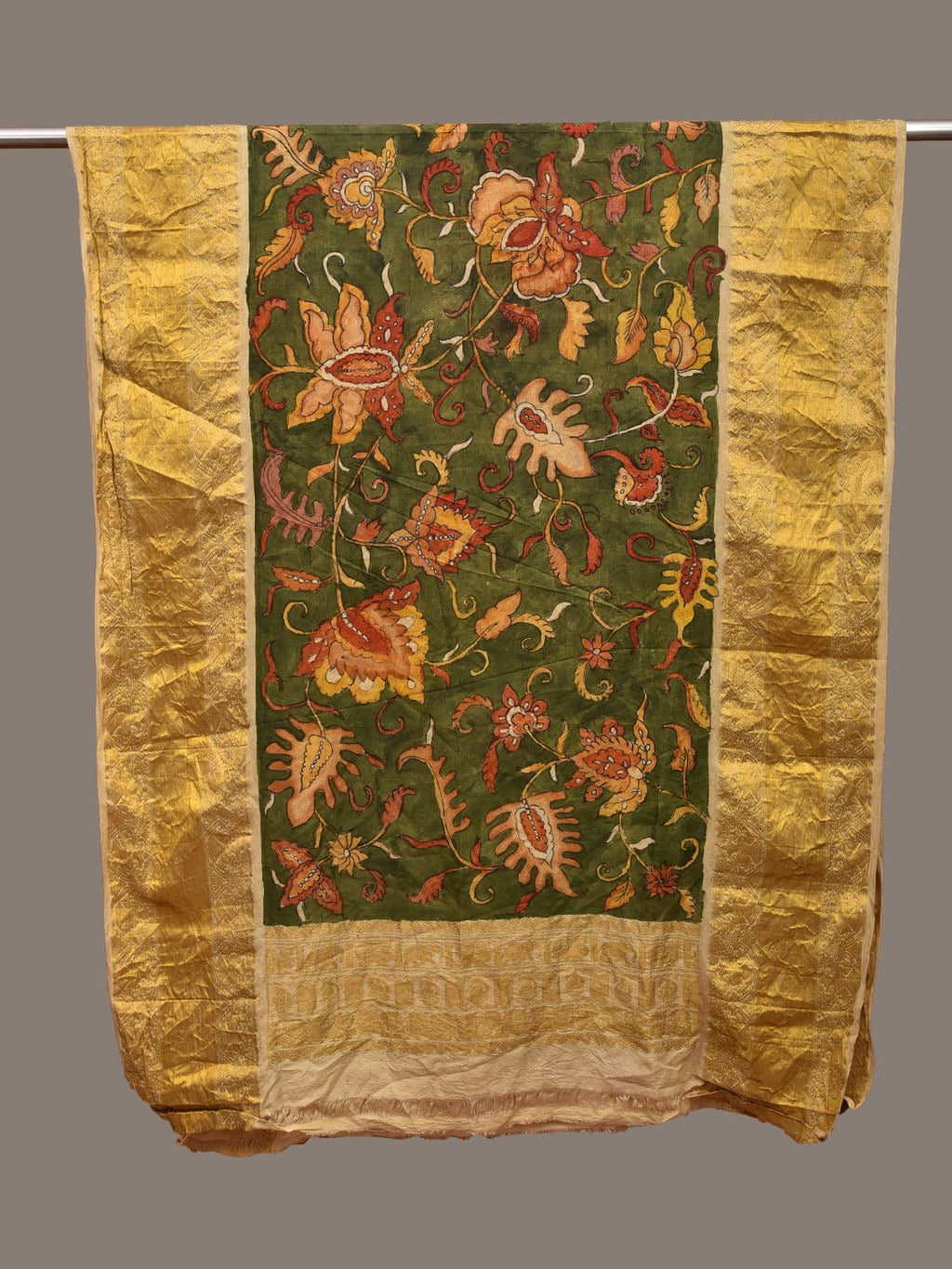 Green Kalamkari Hand Painted Kanchipuram Silk Handloom Dupatta with Floral Design - Global Threads | Grocsy
