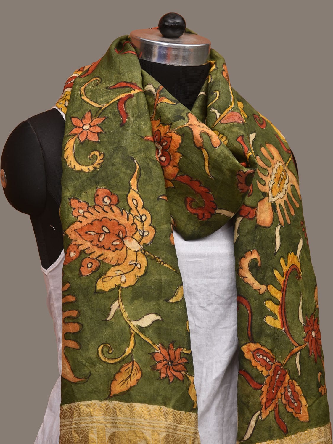 Green Kalamkari Hand Painted Kanchipuram Silk Handloom Dupatta with Floral Design - Global Threads | Grocsy