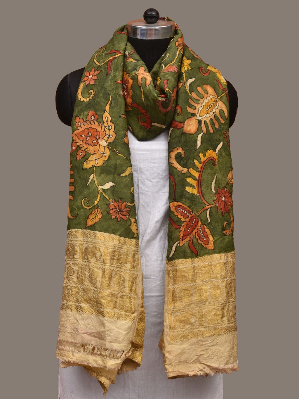 Green Kalamkari Hand Painted Kanchipuram Silk Handloom Dupatta with Floral Design - Global Threads | Grocsy