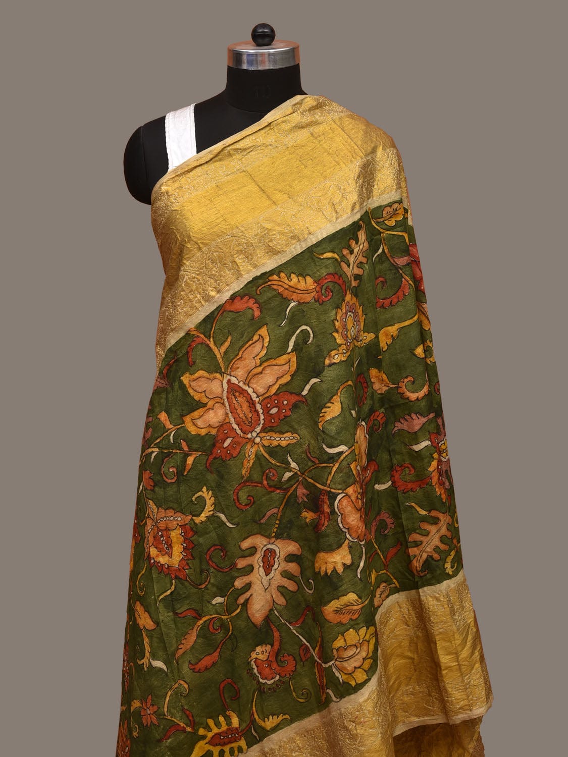 Green Kalamkari Hand Painted Kanchipuram Silk Handloom Dupatta with Floral Design - Global Threads | Grocsy