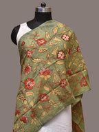 Green Kalamkari Hand Painted Sico Stole with Floral Design - Global Threads | Grocsy