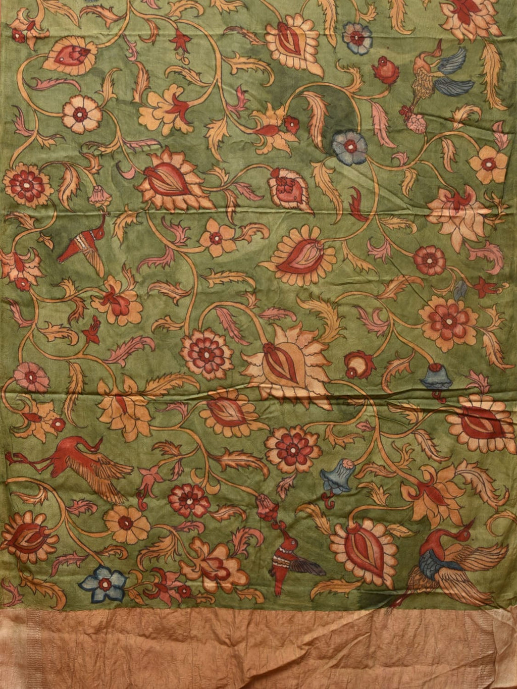 Green Kalamkari Hand Painted Tussar Cotton Handloom Saree with Floral Design - Global Threads | Grocsy