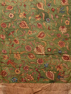 Green Kalamkari Hand Painted Tussar Cotton Handloom Saree with Floral Design - Global Threads | Grocsy
