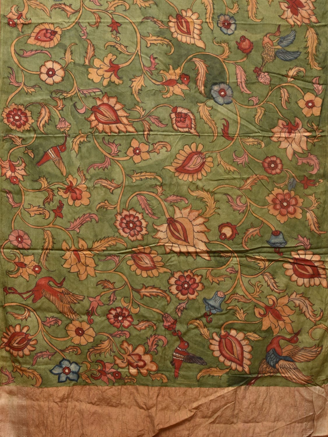 Green Kalamkari Hand Painted Tussar Cotton Handloom Saree with Floral Design - Global Threads | Grocsy