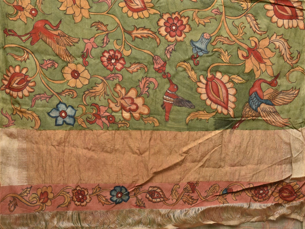 Green Kalamkari Hand Painted Tussar Cotton Handloom Saree with Floral Design - Global Threads | Grocsy