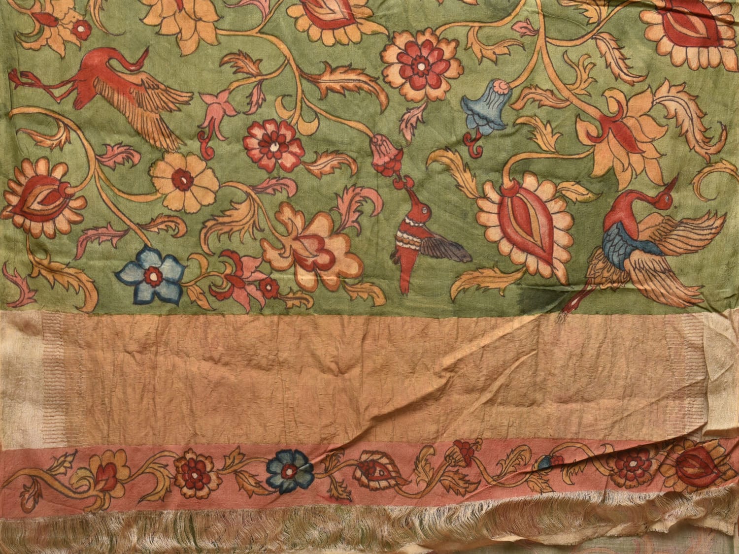 Green Kalamkari Hand Painted Tussar Cotton Handloom Saree with Floral Design - Global Threads | Grocsy