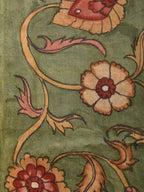 Green Kalamkari Hand Painted Tussar Cotton Handloom Saree with Floral Design - Global Threads | Grocsy