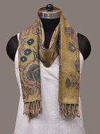Green Kalamkari Hand Painted Woolen Handloom Dupatta with Floral Design - Global Threads | Grocsy