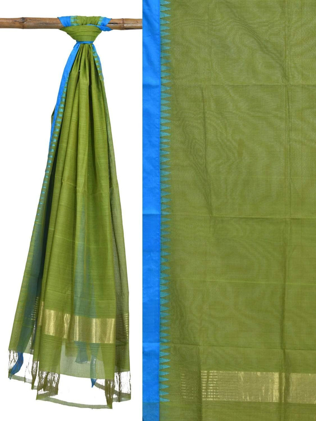 Green Khadi Cotton Handloom Dupatta with Silk Temple Border - Global Threads | Grocsy