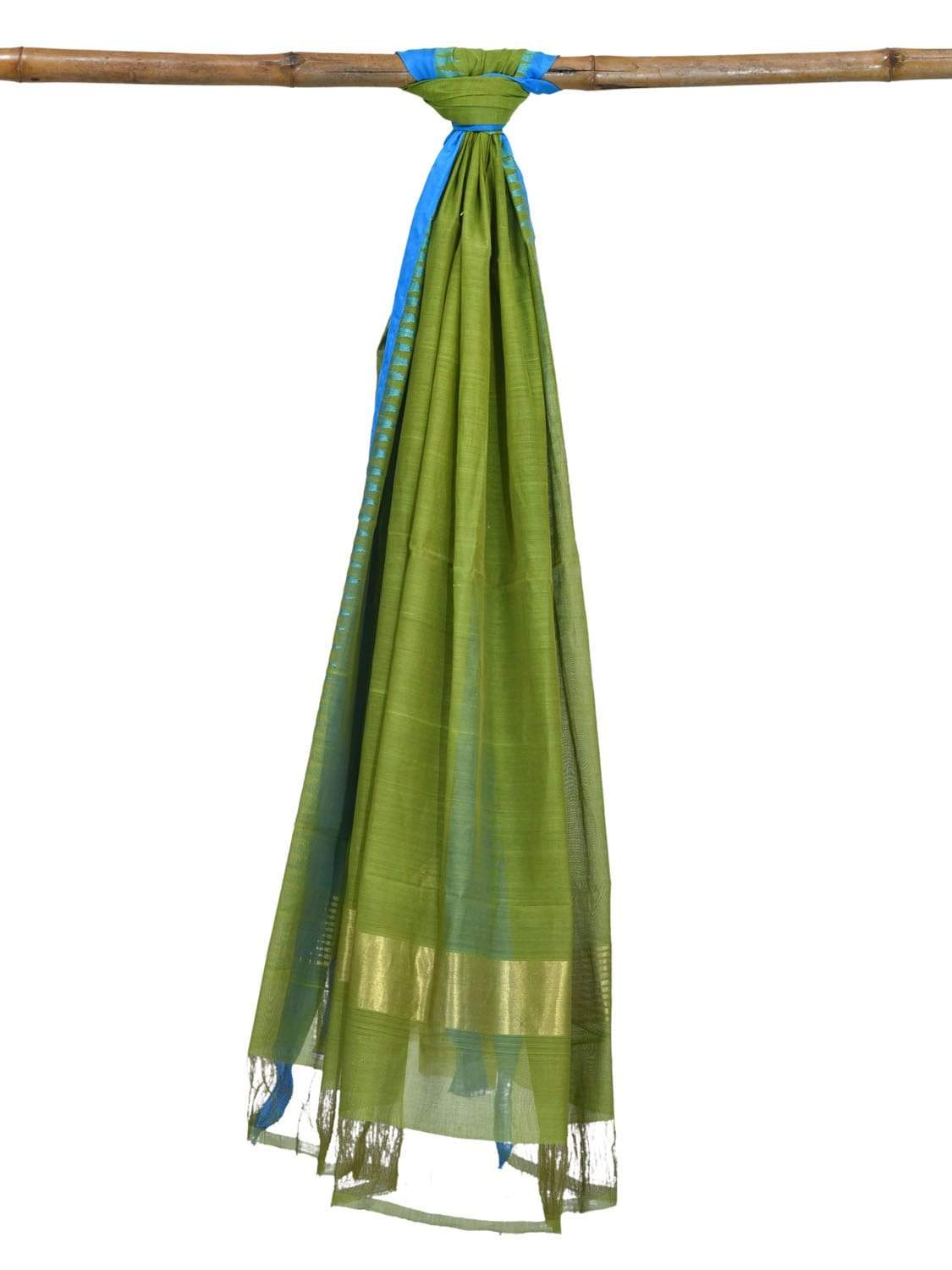 Green Khadi Cotton Handloom Dupatta with Silk Temple Border - Global Threads | Grocsy