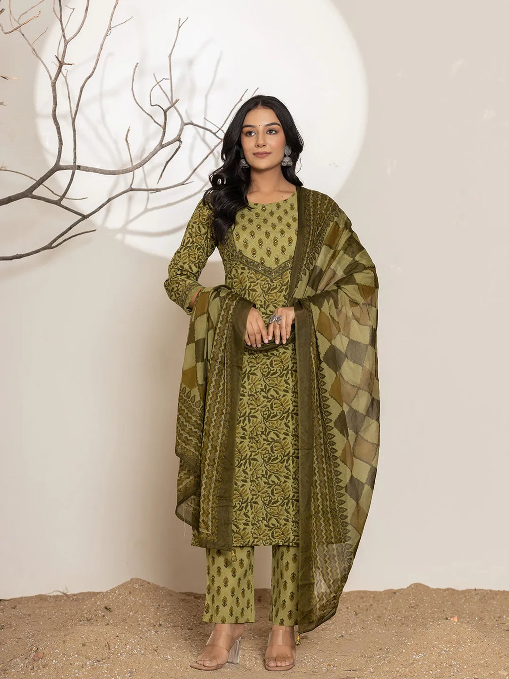 Yufta Green Leaf Print Cotton Straight Kurta Dupatta Set | Grocsy