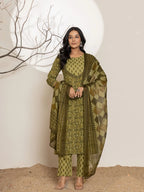Yufta Green Leaf Print Cotton Straight Kurta Dupatta Set | Grocsy