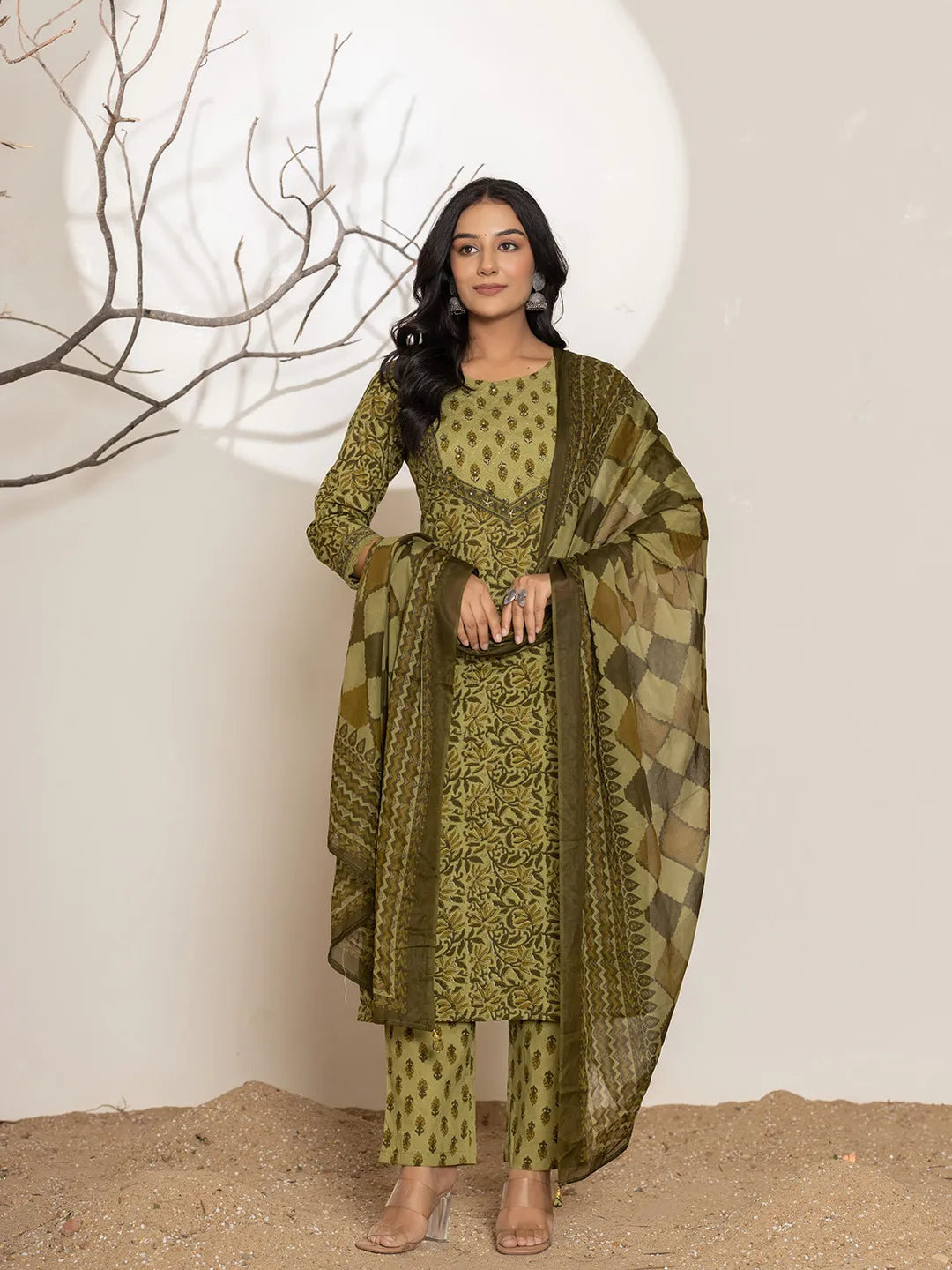 Yufta Green Leaf Print Cotton Straight Kurta Dupatta Set | Grocsy