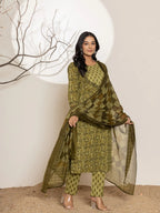 Yufta Green Leaf Print Cotton Straight Kurta Dupatta Set | Grocsy