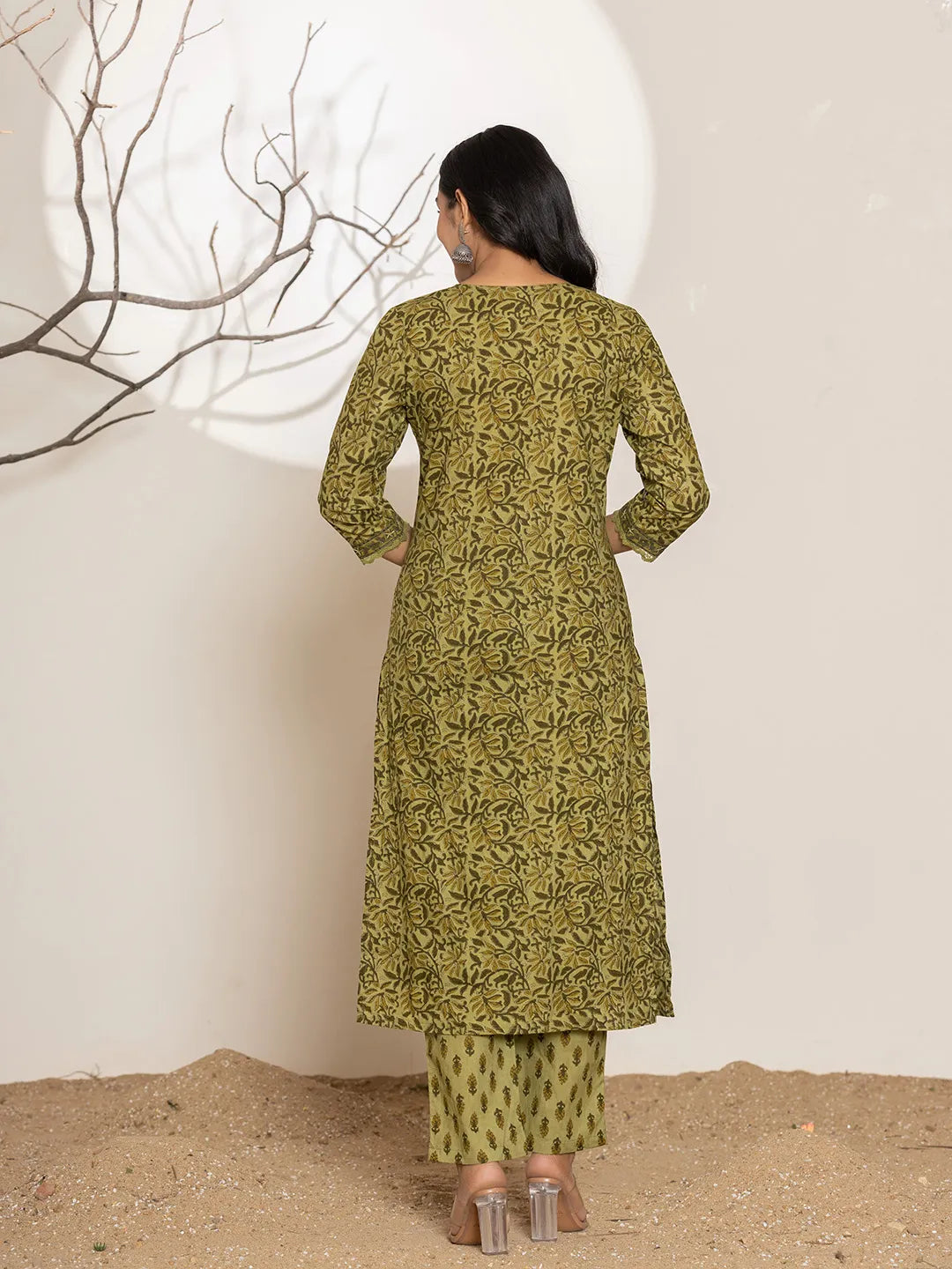Yufta Green Leaf Print Cotton Straight Kurta Dupatta Set | Grocsy