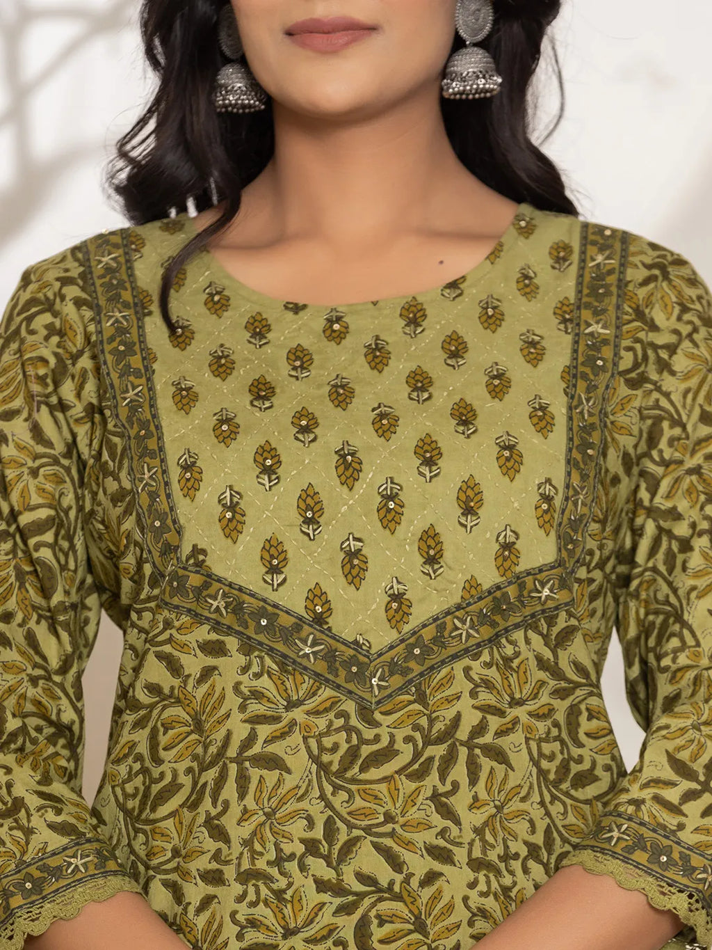 Yufta Green Leaf Print Cotton Straight Kurta Dupatta Set | Grocsy