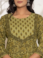 Yufta Green Leaf Print Cotton Straight Kurta Dupatta Set | Grocsy