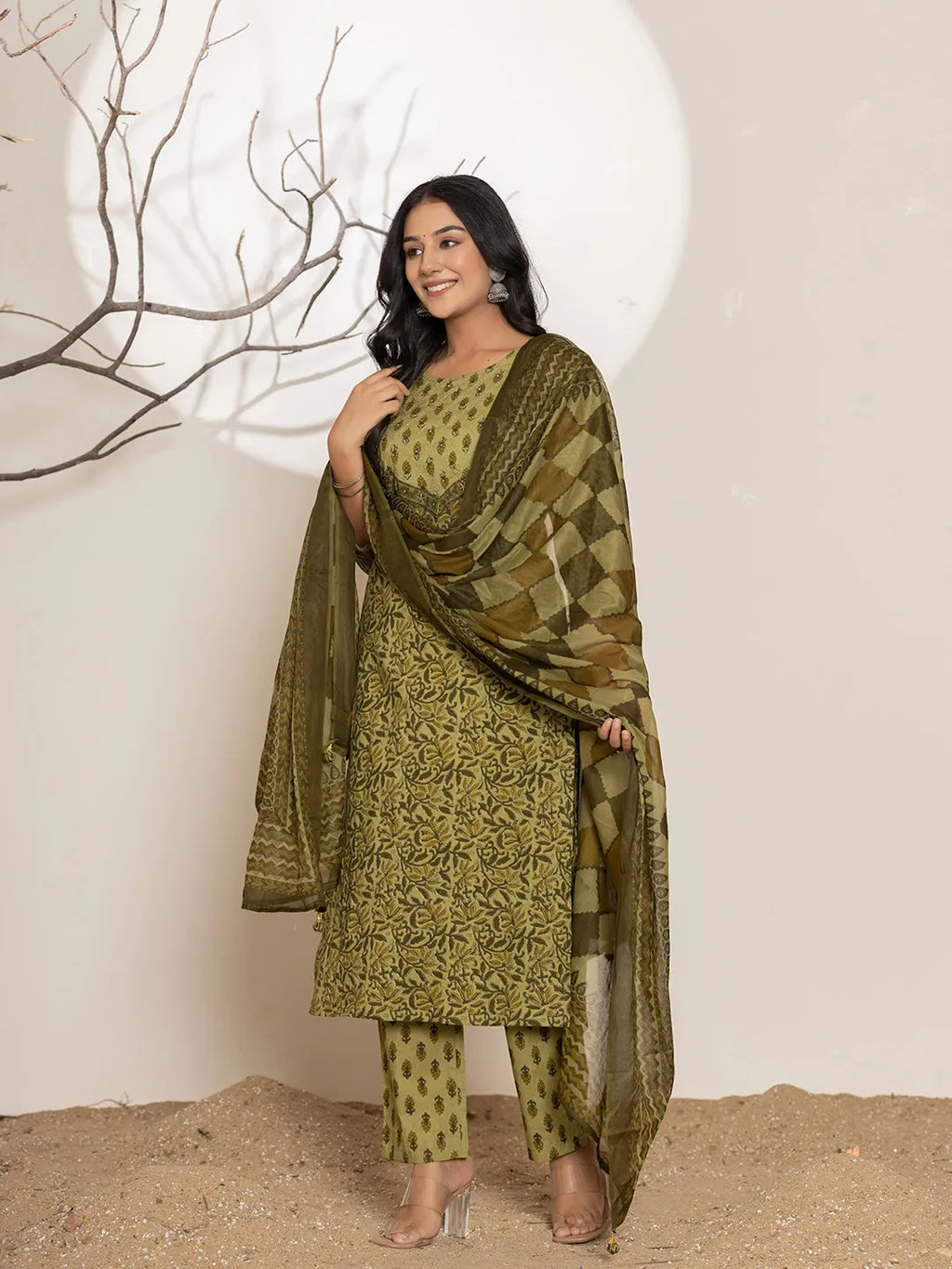 Yufta Green Leaf Print Cotton Straight Kurta Dupatta Set | Grocsy