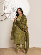 Yufta Green Leaf Print Cotton Straight Kurta Dupatta Set | Grocsy