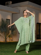 Yufta Green Leheriya Embroidered Kaftan Kurta Set | Grocsy
