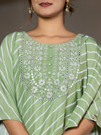 Yufta Green Leheriya Embroidered Kaftan Kurta Set | Grocsy